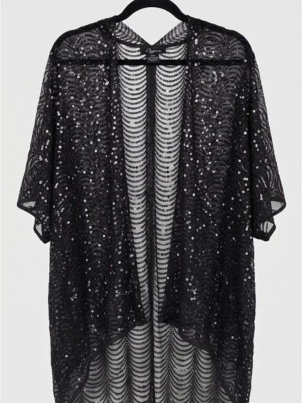 Cejon Black Sequin Open Front Kimono Duster Cardigan Cover Up OSFM sequined
